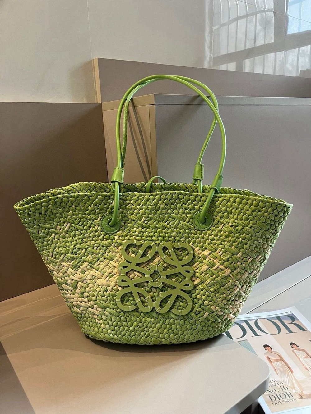 Loewe Lime Green Woven Anagram Tote - Picture 8 of 8